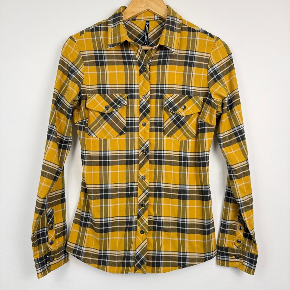 Kuhl Alina Plaid Button Up Shirt Womens Small Yellow Black Flannel Outdoors